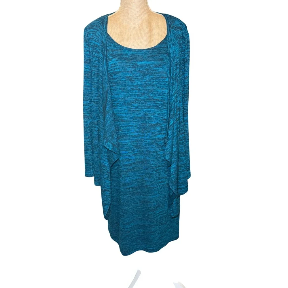 TIANA B. Women's Teal‎ Black Marled Knit Dress Waterfall Cardigan Set Size 10